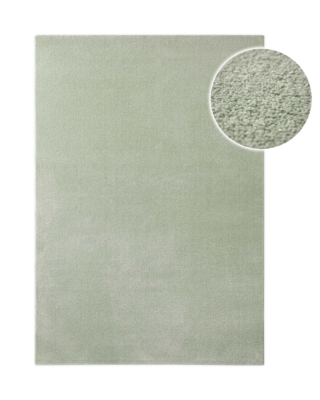 Kurzflor Teppich Vegas Hellgrün rechteckig, Draufsicht mit Detailausschnitt der feinen Florstruktur auf hellem Hintergrund