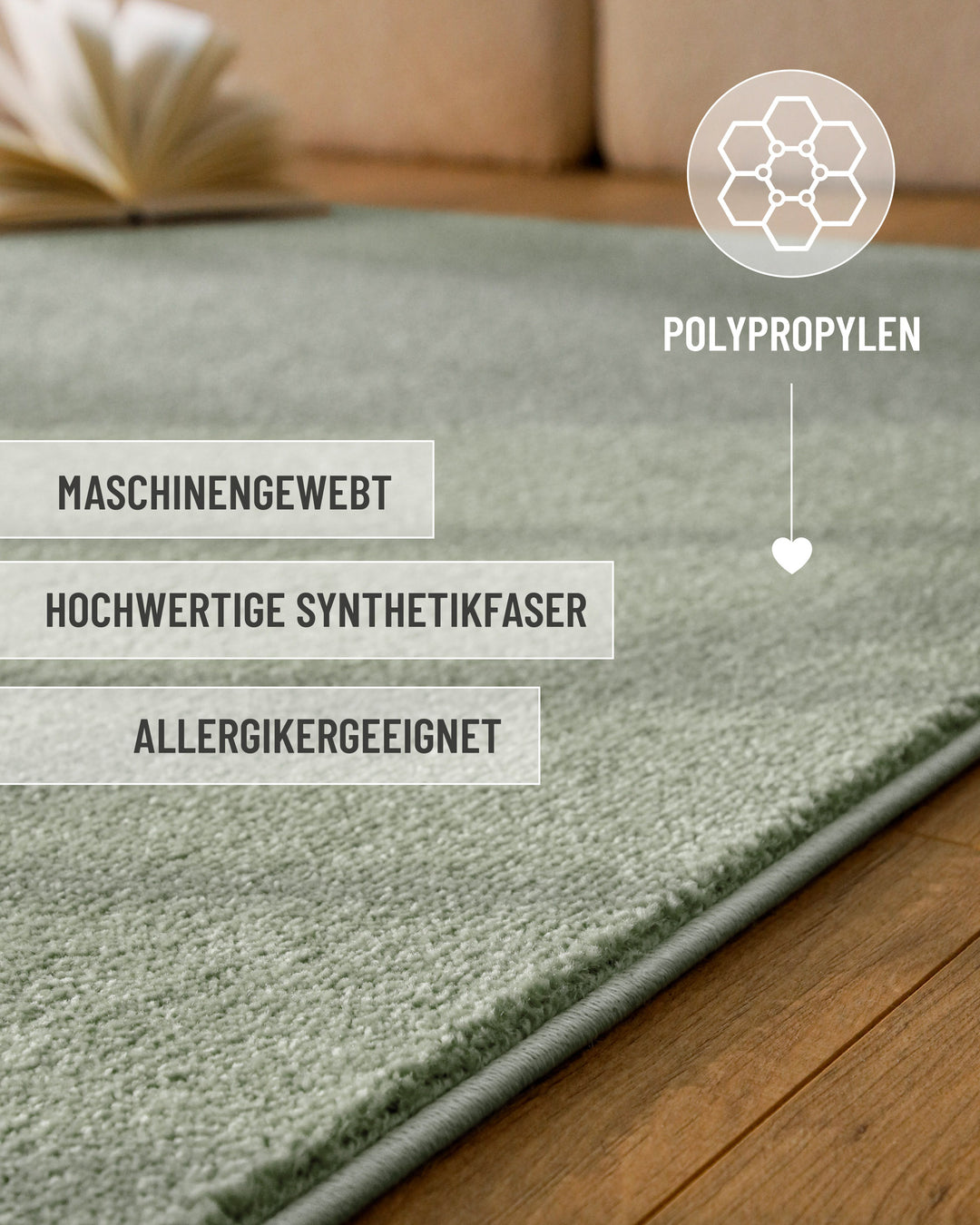 Kurzflor Teppich Vegas Hellgrün Detailaufnahme mit Einblendung zu Material und Pflege, dichter Kurzflor sichtbar