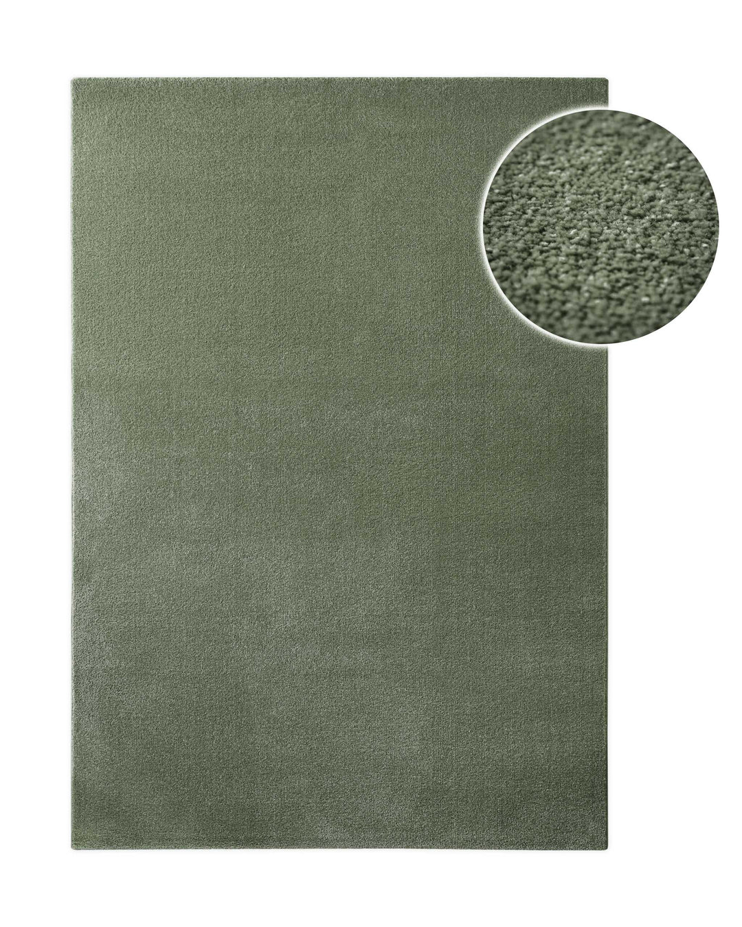 Kurzflor Teppich Vegas Grün rechteckig, Draufsicht mit Detailausschnitt der gleichmäßigen Florstruktur auf hellem Hintergrund