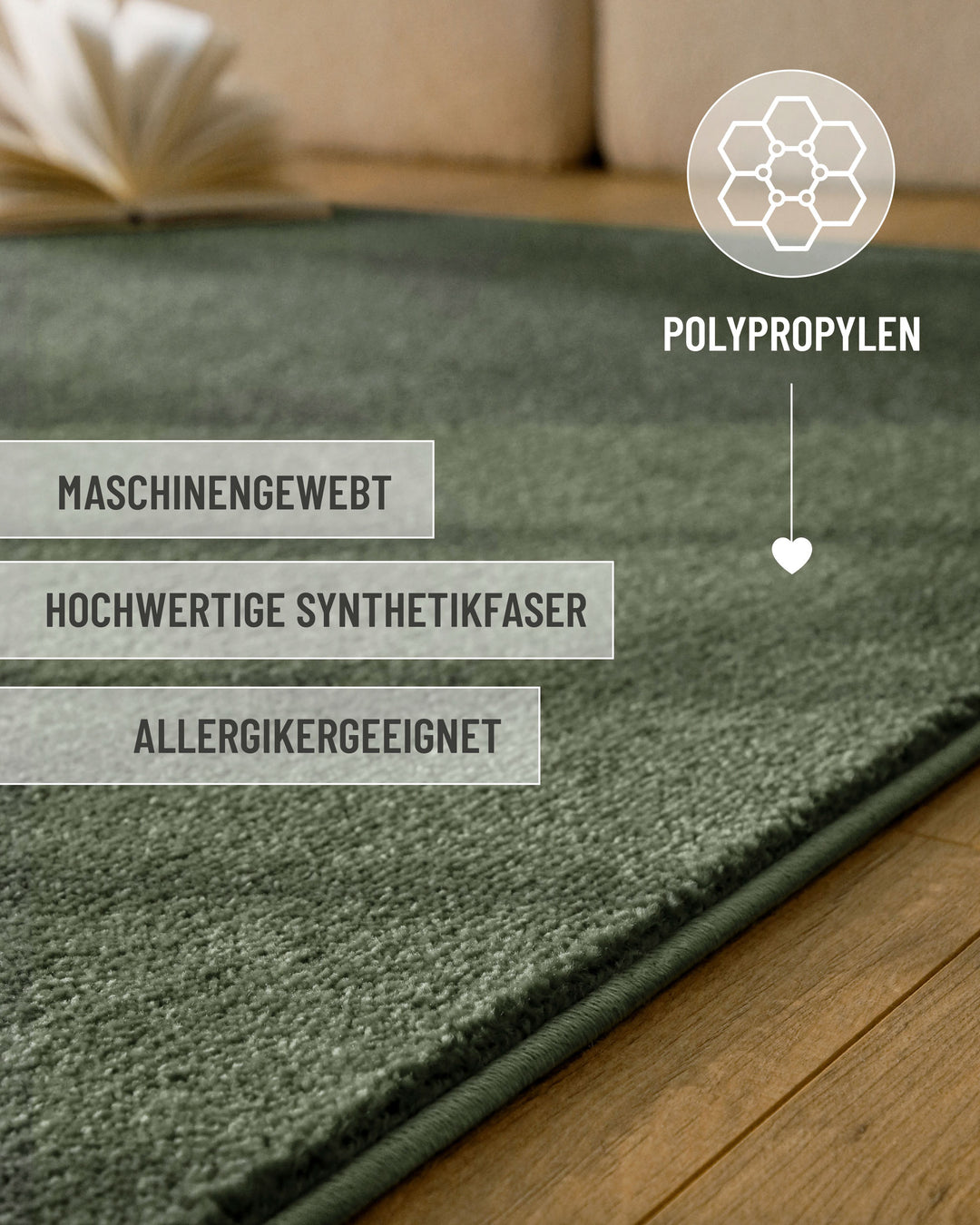 Kurzflor Teppich Vegas Grün Detailaufnahme mit Einblendung zu Material und Pflege, dichte Kurzflorstruktur erkennbar