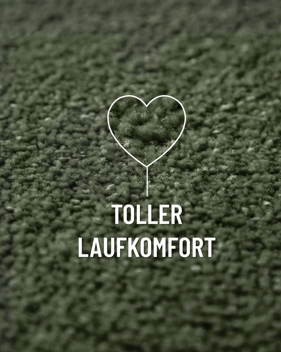 Kurzflor Teppich Vegas Grün Nahaufnahme mit Einblendung zum Laufgefühl, feine Florstruktur im Detail