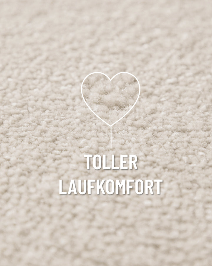 Kurzflor Teppich Vegas Creme Nahaufnahme mit Einblendung zum Laufgefühl, feine Florstruktur sichtbar