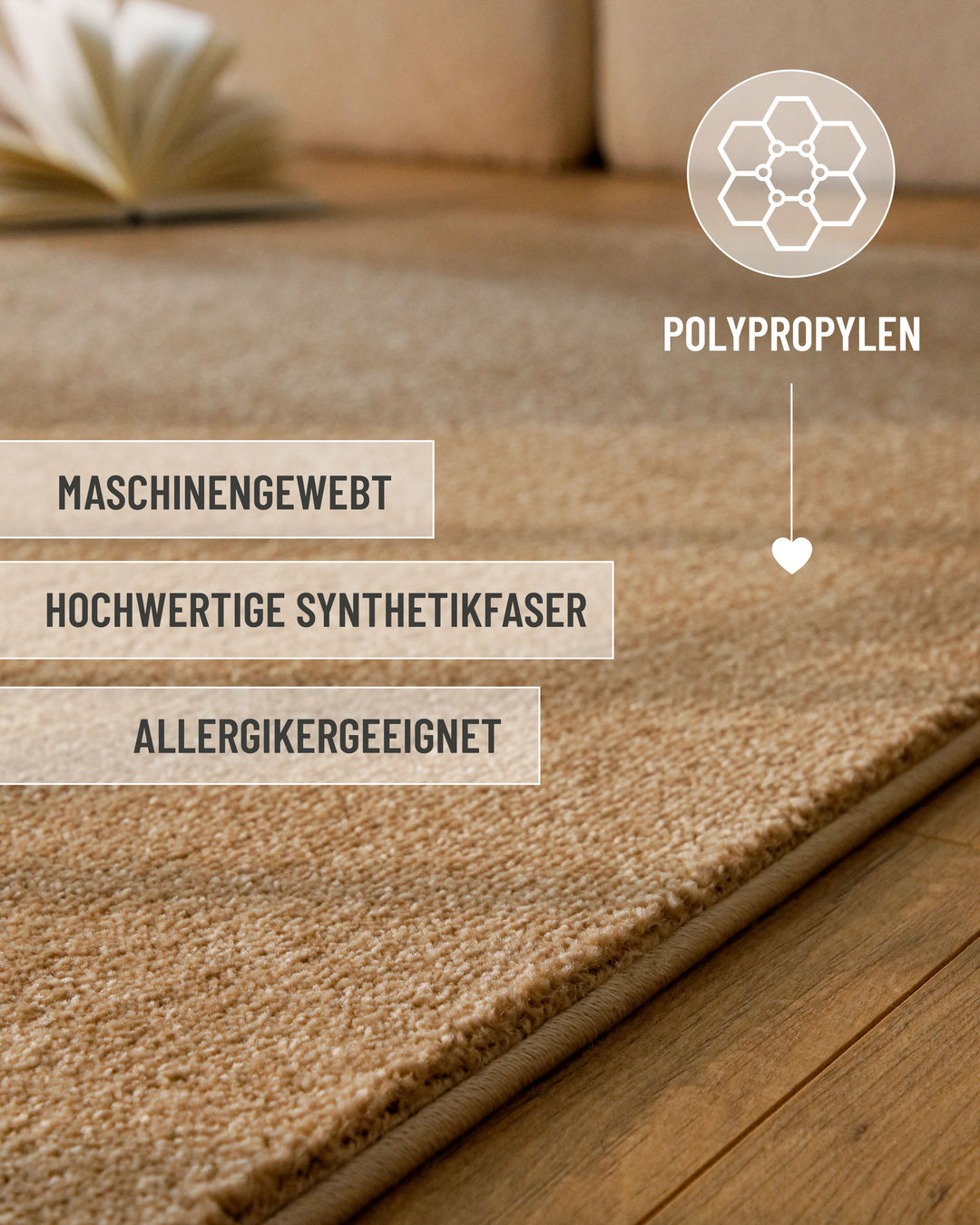 Kurzflor Teppich Vegas Beige mit Materialinfos zu Polypropylen und strapazierfähiger Verarbeitung