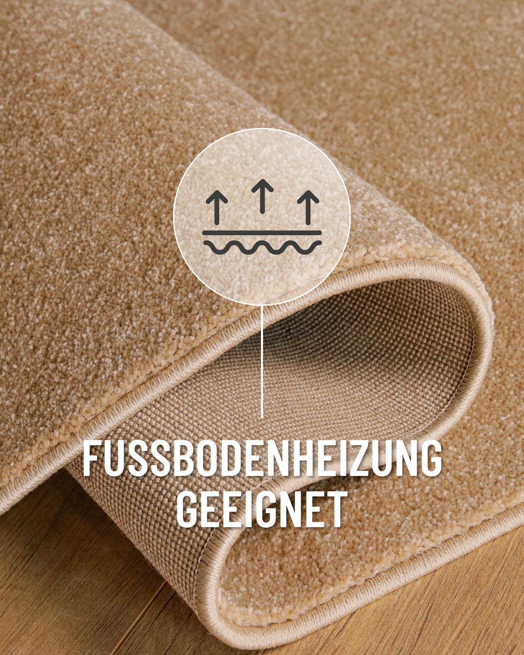 Kurzflor Teppich Vegas Beige Detail mit Hinweis auf Fußbodenheizung geeignet
