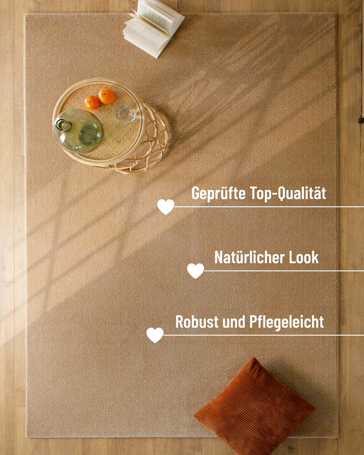 Kurzflor Teppich Vegas Beige im Raum mit Eigenschaften wie robust und pflegeleicht hervorgehoben