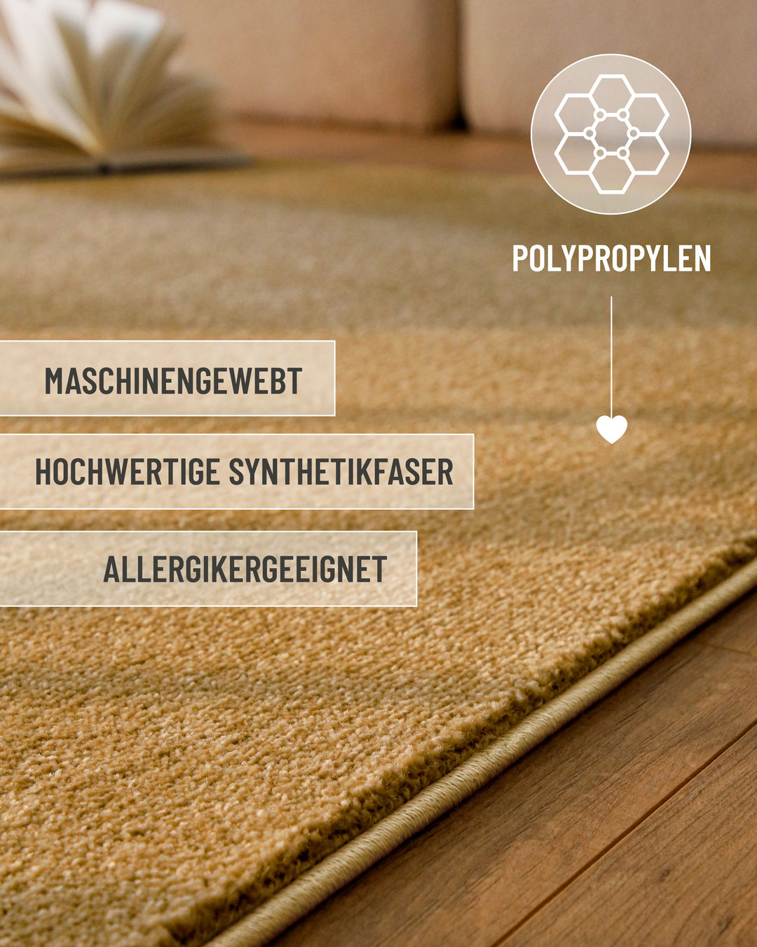 Kurzflor Teppich Vegas Ocker Gelb mit Materialhinweis Polypropylen, strapazierfähig und pflegeleicht