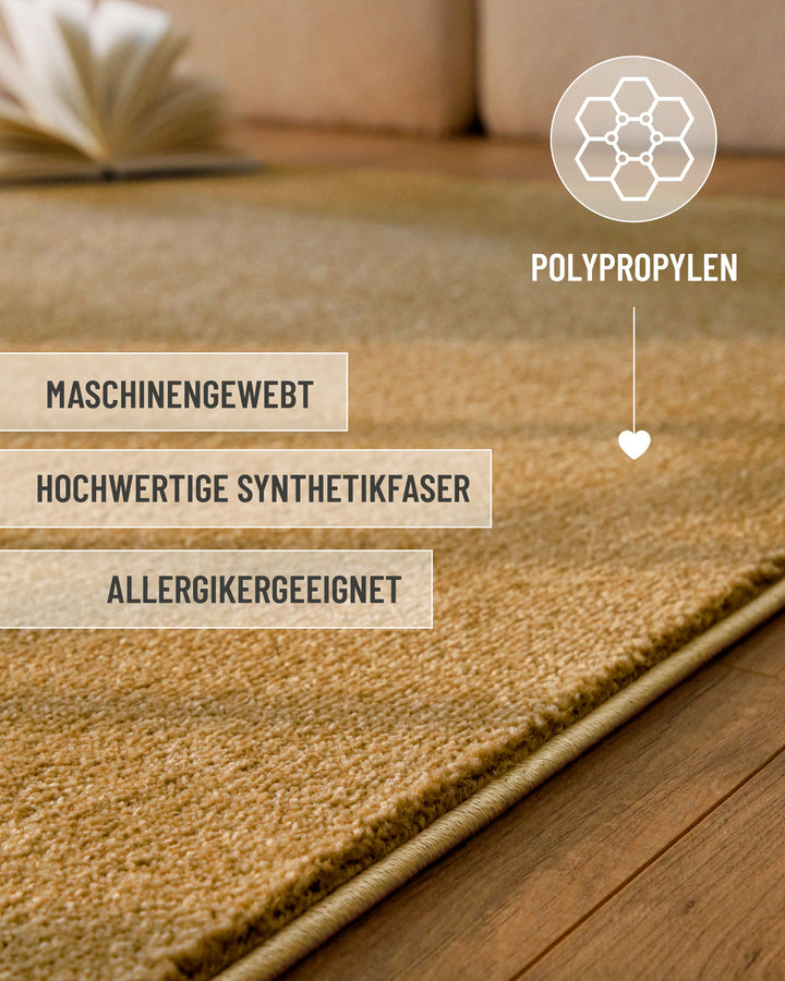 Kurzflor Teppich Vegas Ocker Gelb mit Materialhinweis Polypropylen, strapazierfähig und pflegeleicht