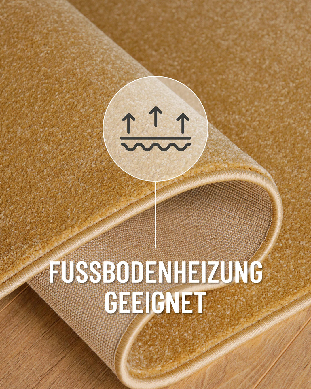 Kurzflor Teppich Vegas Ocker Gelb Detail mit Symbol für Fußbodenheizung geeignet