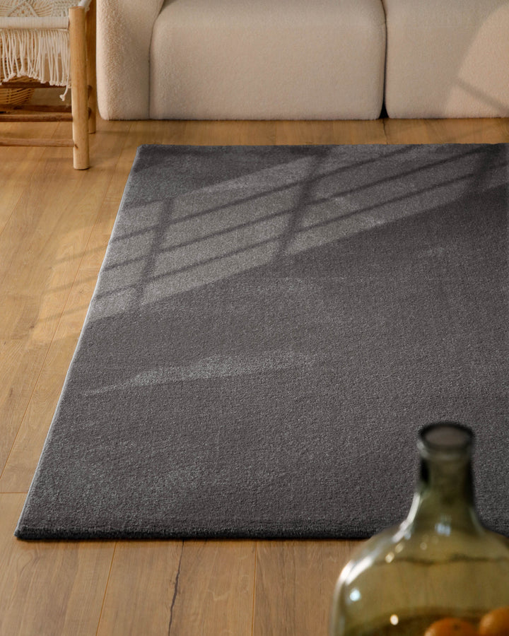 Kurzflor Teppich Vegas Anthrazit im Wohnraum aus schräger Perspektive mit natürlichem Lichteinfall