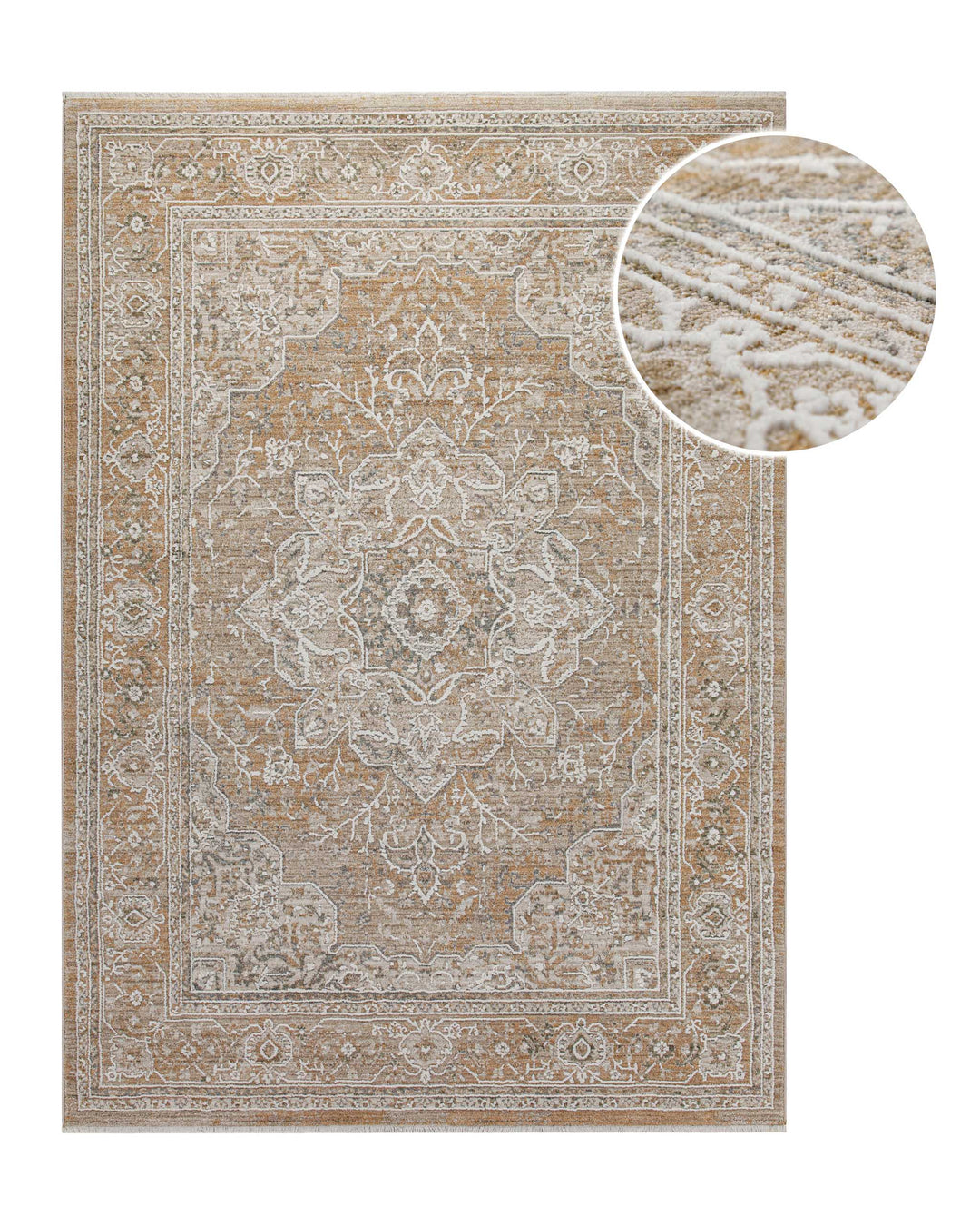 Kurzflor Teppich Vintage Soul in Braun Beige mit klassischem Vintage Muster, Detailansicht mit vergrößertem Musterausschnitt