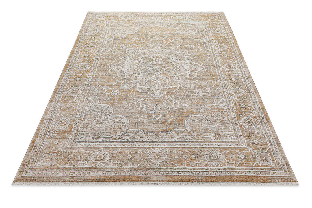 Kurzflor Teppich Vintage Soul in Braun Beige in Produktansicht von oben mit klassischem Vintage Muster