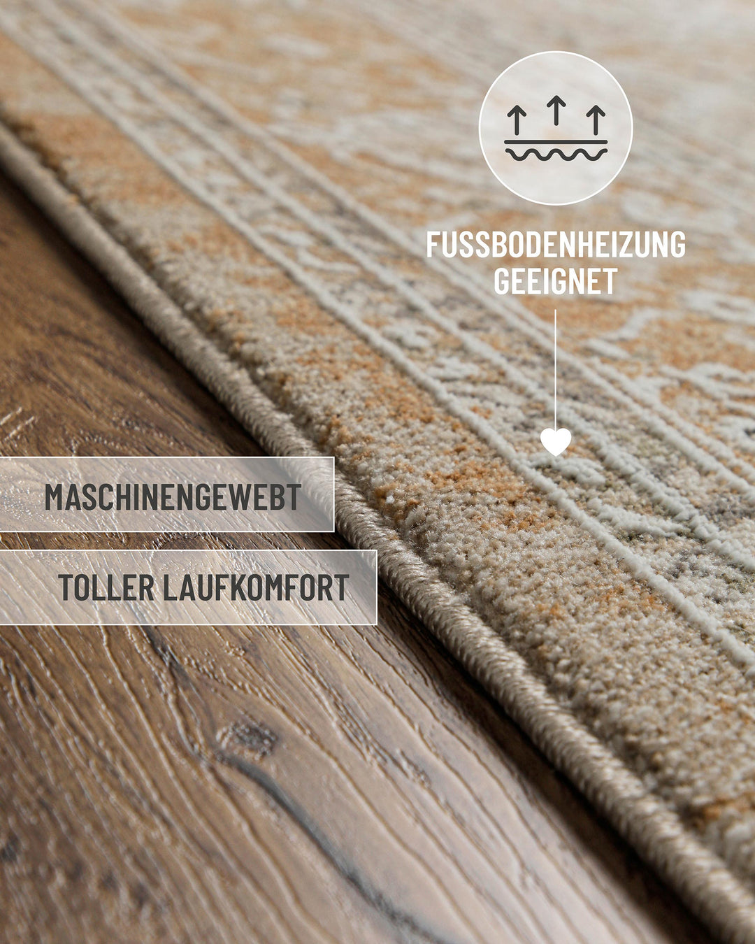 Kurzflor Teppich Vintage Soul in Braun Beige mit eingeblendeten Komfort und Materialeigenschaften