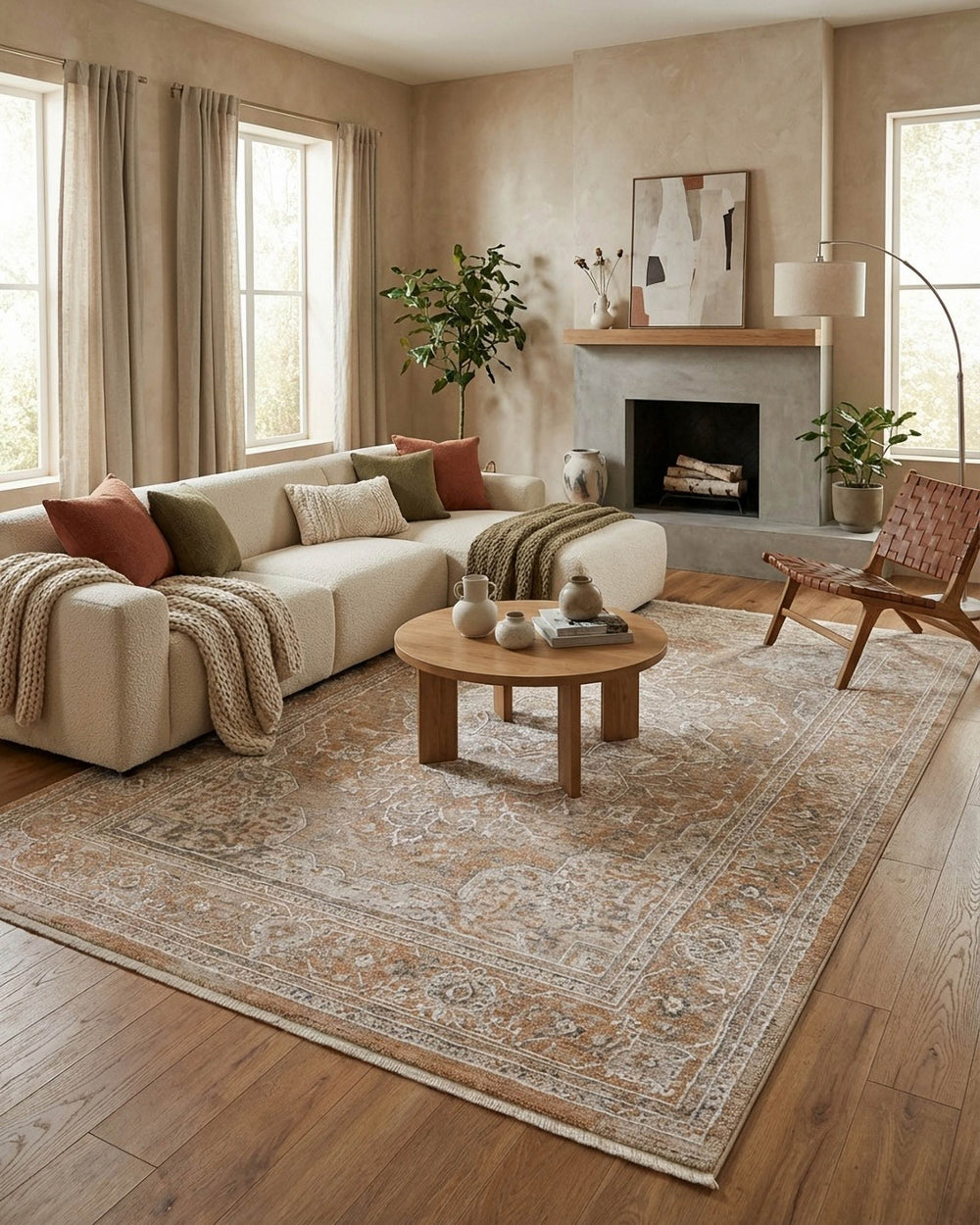 Kurzflor Teppich Vintage Soul in Braun Beige mit klassischem Vintage Muster im Wohnzimmer vor Sofa und Couchtisch