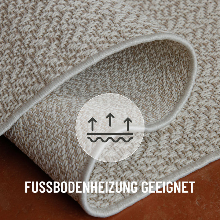 In-& Outdoor Teppich Layo beige rechteckig flexibel gelegt mit Text Fussbodenheizung geeignet