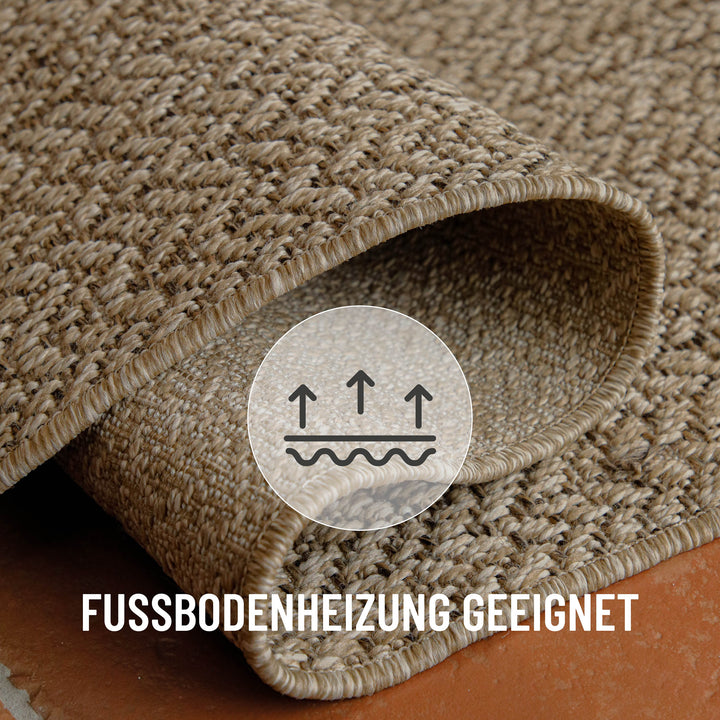 In-& Outdoor Teppich Layo natur rechteckig flexibel gelegt mit Text Fussbodenheizung geeignet