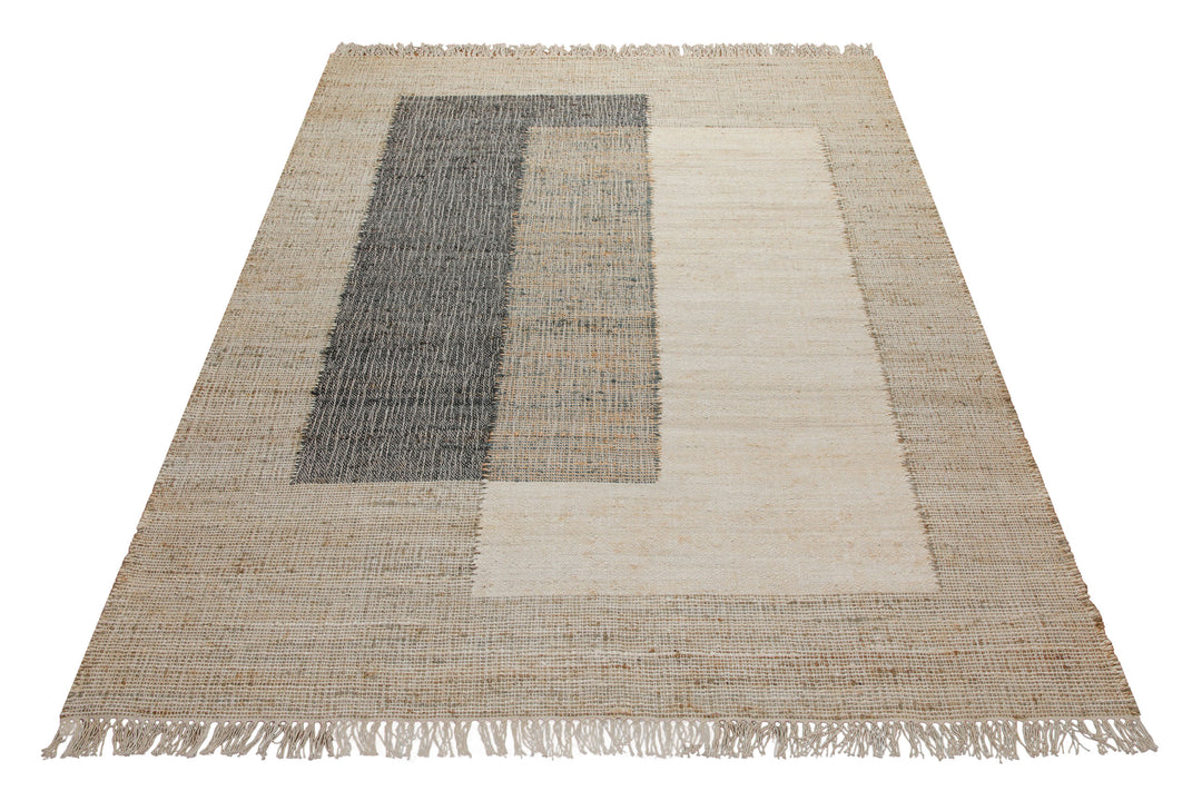 160x230 Teppich Wohnzimmer Architektur in Naturfaser – Helle Mitte mit grafischen Akzentfeldern