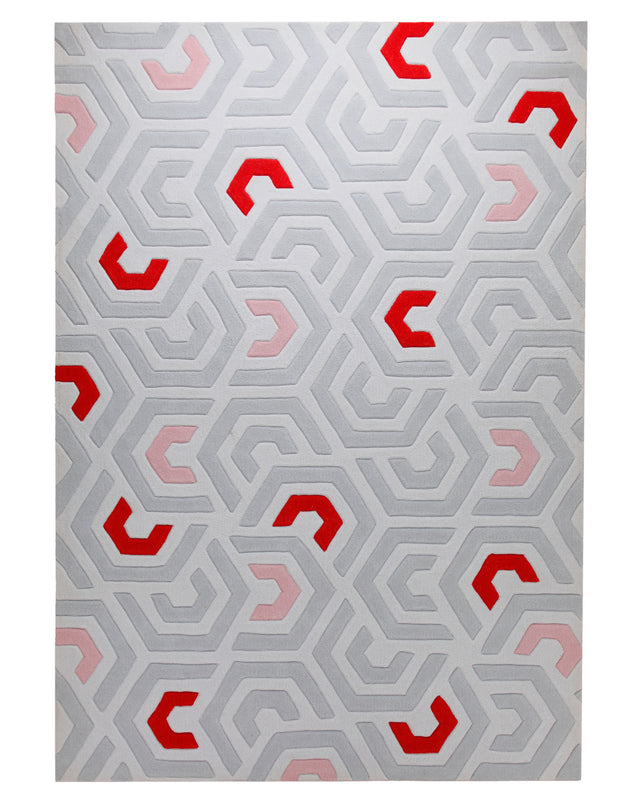 Labyrinth in Sand mit Rot - Hoch-Tief-Handtuft 160 x 230 cm – Hoch-Tief-Struktur freigestellt