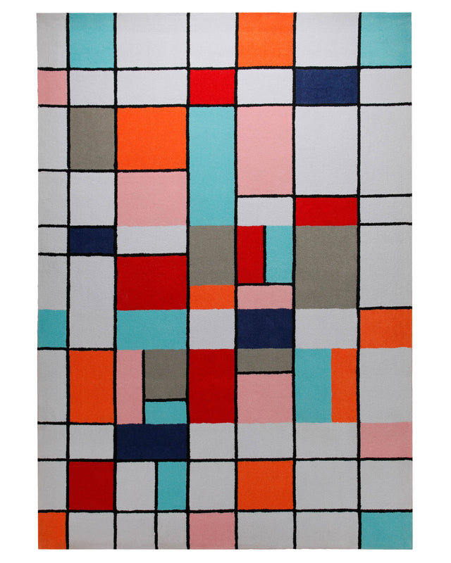 Farbraster in Rot und Türkis - Handtuft mit Gitterlinie 160 x 230 cm – Produktfoto freigestellt
