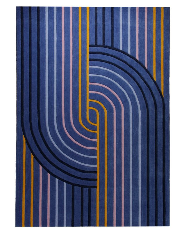 Retro-Kurve in Nachtblau - Handtuft 160 x 230 cm – Produktfoto freigestellt