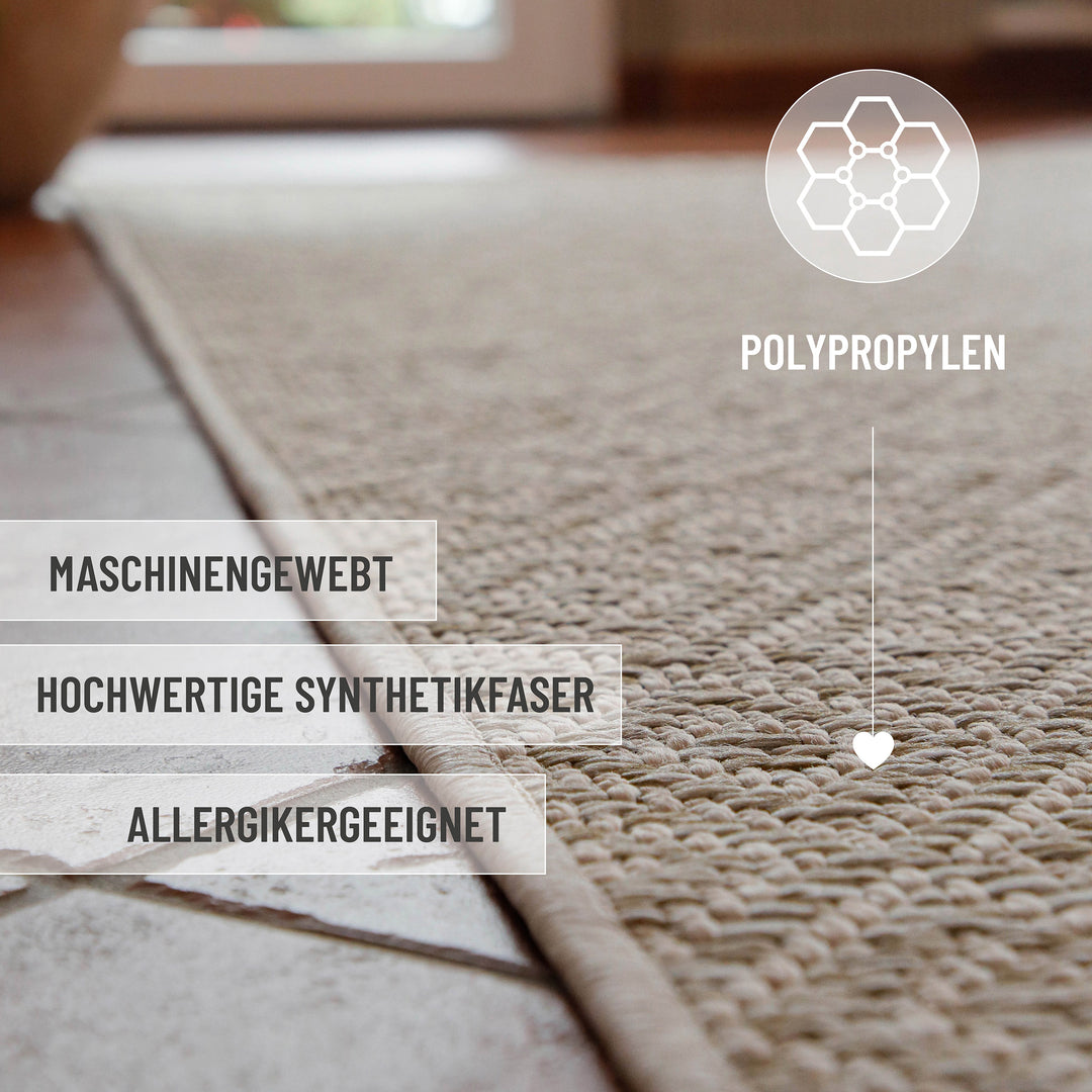 In-& Outdoor Teppich Miami Beach creme weiß rechteckig im Raum Kantenansicht mit Details maschinenewaschbar, Allergikergeeignet