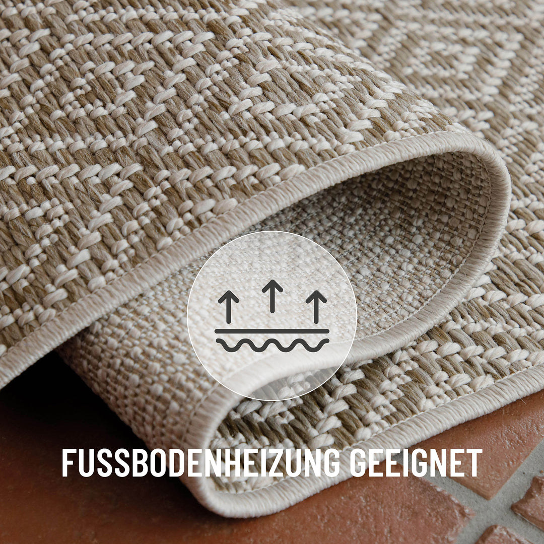 In-& Outdoor Teppich Miami Beach creme weiß rund flexibel gelegt mit Text Fussbodenheizung geeignet