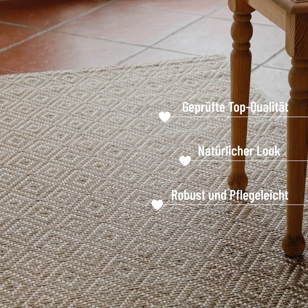 In-& Outdoor Teppich Miami Beach creme weiß rechteckig im Raum Kantenansicht mit Details robust & pflegeleicht