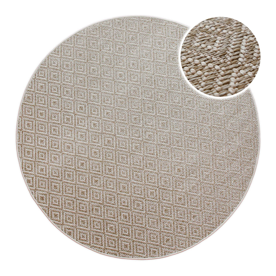 In-& Outdoor Teppich Miami Beach creme weiß Frontansicht mit Detailausschnitt rund