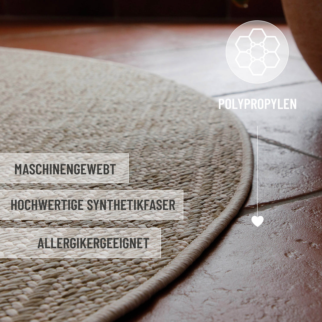 In-& Outdoor Teppich Miami Beach creme weiß rund im Raum Kantenansicht mit Details maschinenewaschbar, Allergikergeeignet