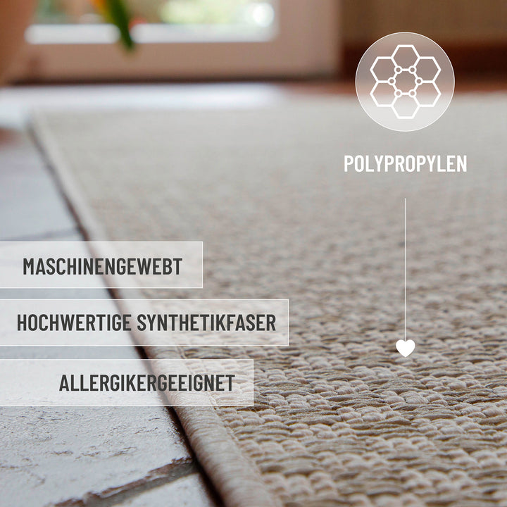 In-& Outdoor Teppich Miami South Beach creme weiß rechteckig im Raum Kantenansicht mit Details maschinenewaschbar, Allergikergeeignet