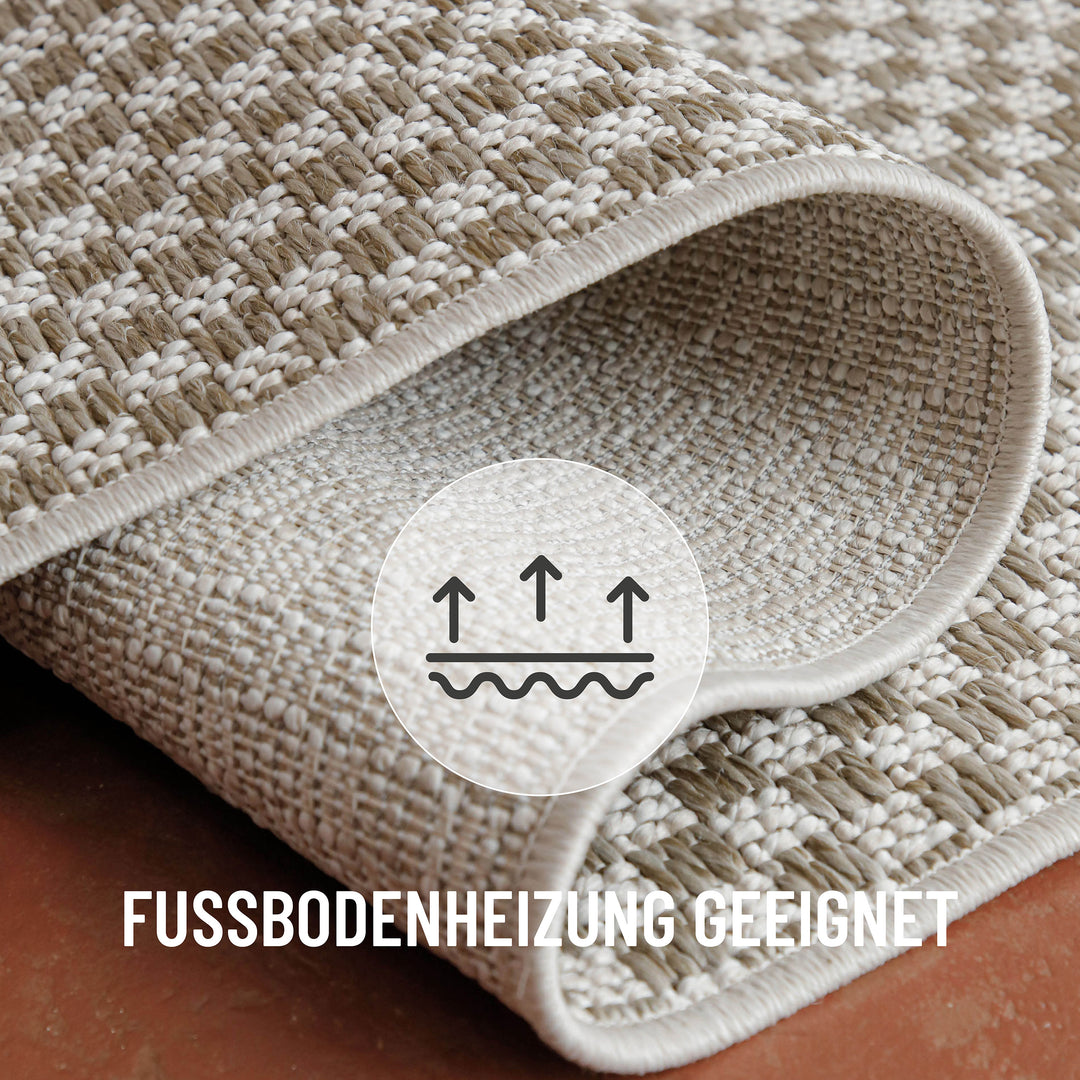 In-& Outdoor Teppich Miami South Beach creme weiß rechteckig flexibel gelegt mit Text Fussbodenheizung geeignet