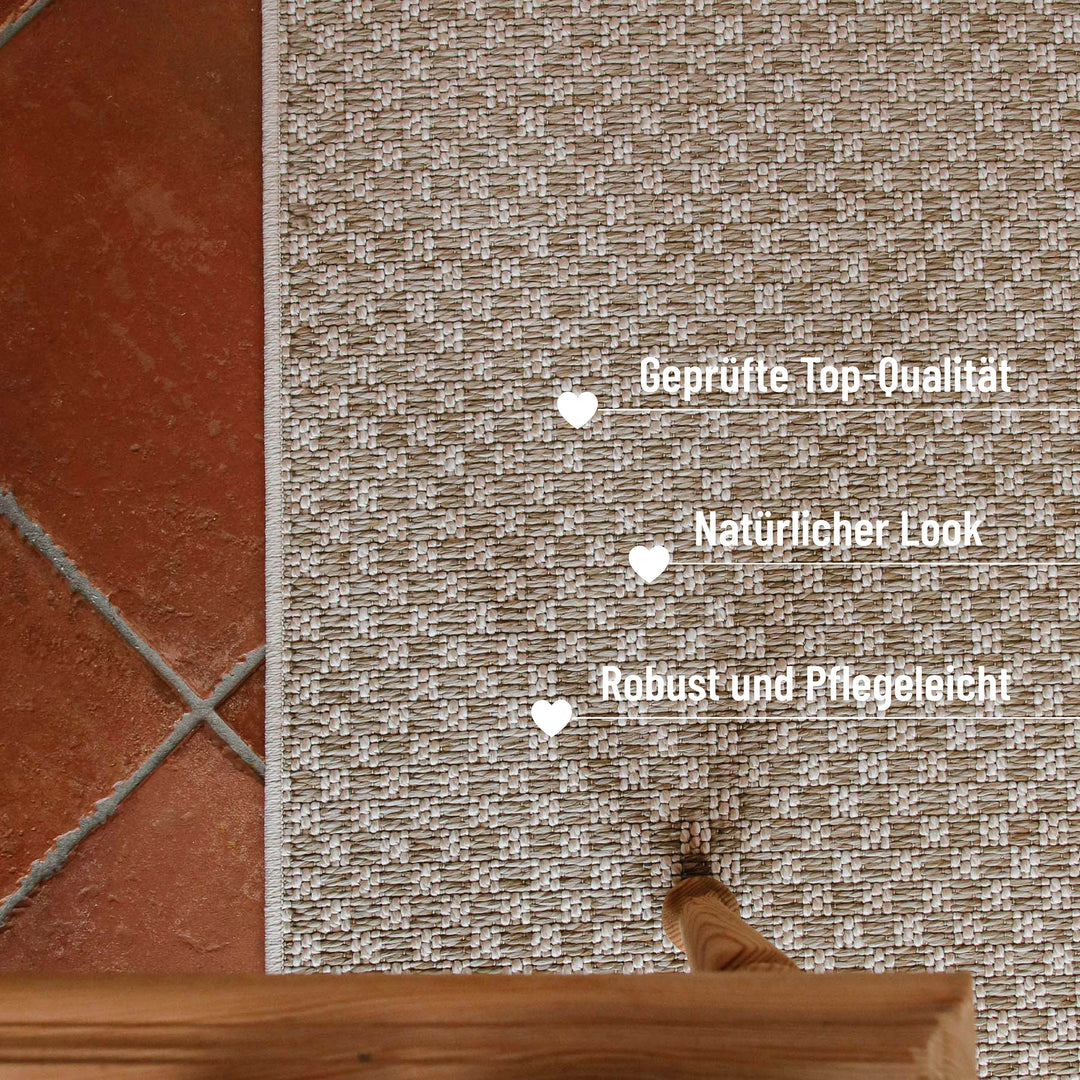 In-& Outdoor Teppich Miami South Beach creme weiß rechteckig im Raum Kantenansicht mit Details robust & pflegeleicht