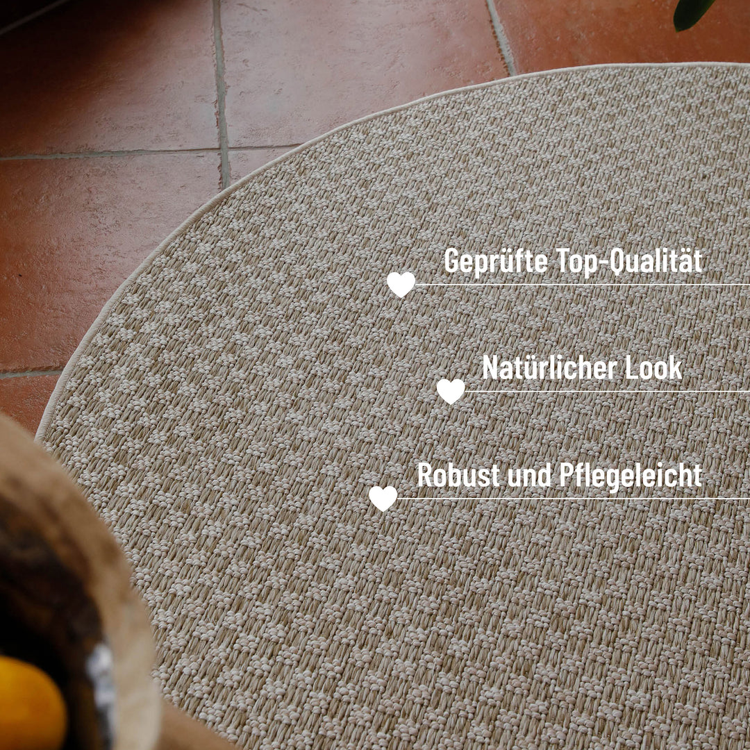 In-& Outdoor Teppich Miami South Beach creme weiß rund im Raum Kantenansicht mit Details robust & pflegeleicht