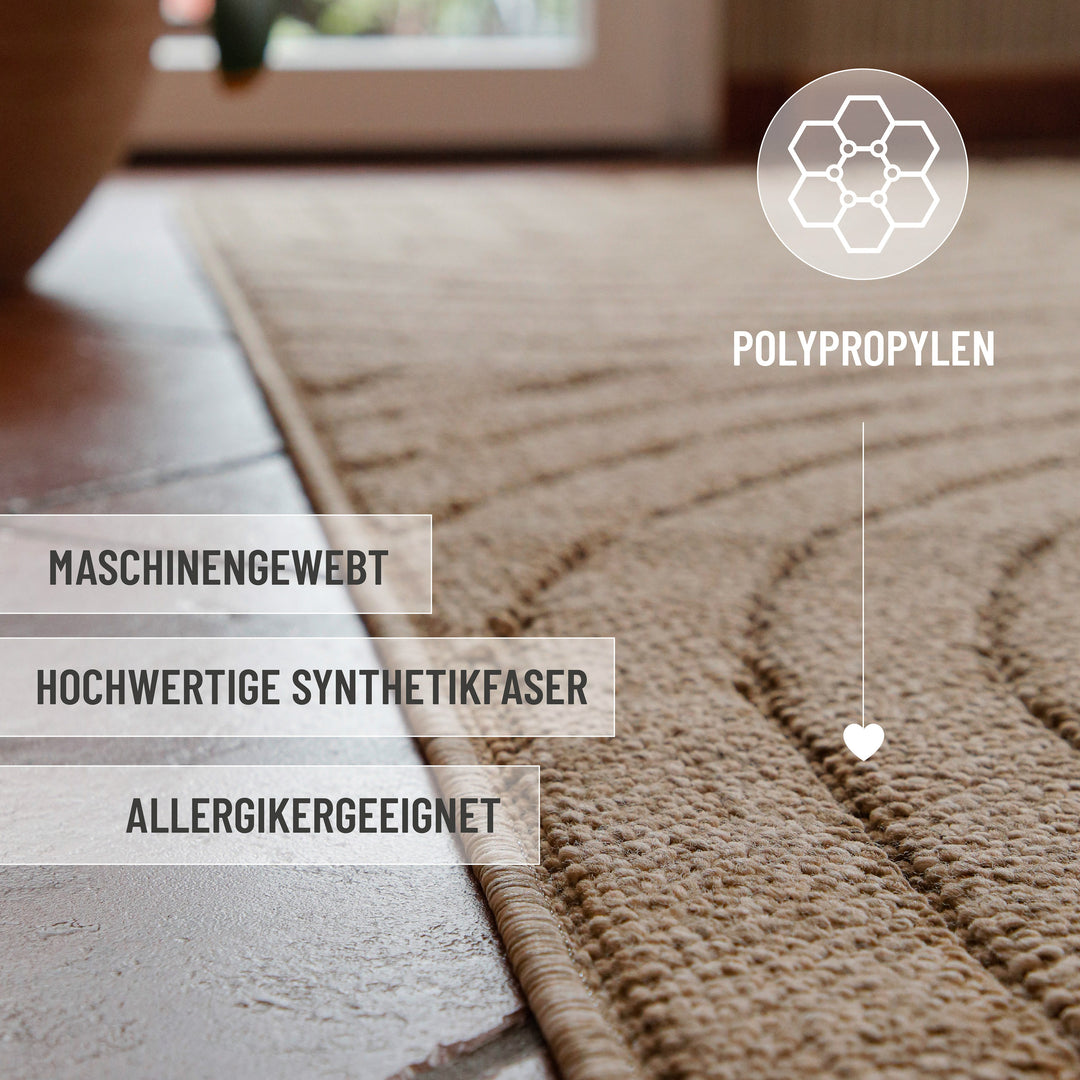 In-& Outdoor Teppich Monoq natur rechteckig im Raum Kantenansicht mit Details maschinengewebt, Allergikergeeignet