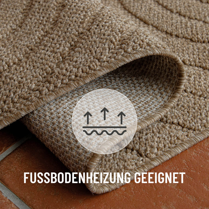 In-& Outdoor Teppich Monoq natur rechteckig flexibel gelegt mit Text Fussbodenheizung geeignet