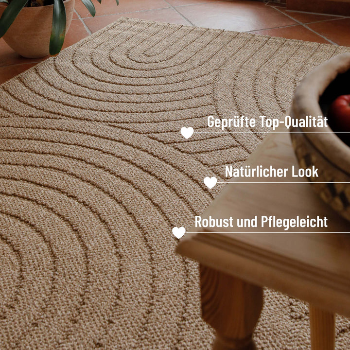 In-& Outdoor Teppich Monoq natur rechteckig Perspektive im Raum mit Info robust & pflegeleicht