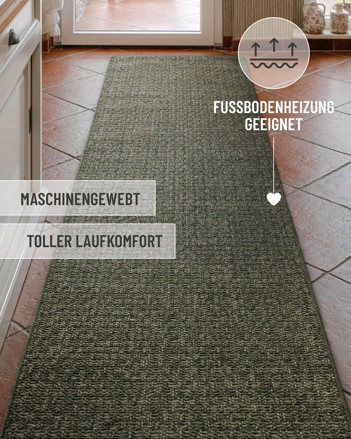 In-& Outdoor Teppich Miami South Beach grau oliv Läufer im Raum mit Text Fussbodenheizung geeignet