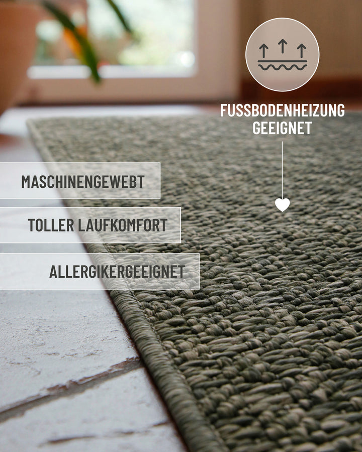 In-& Outdoor Teppich Miami South Beach grau oliv rechteckig im Raum Kantenansicht mit Details maschinengewebt, Allergikergeeignet