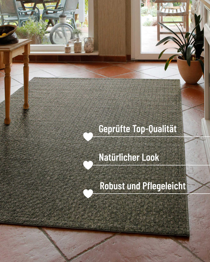 In-& Outdoor Teppich Miami South Beach grau oliv rechteckig im Raum Kantenansicht mit Details robust & pflegeleicht