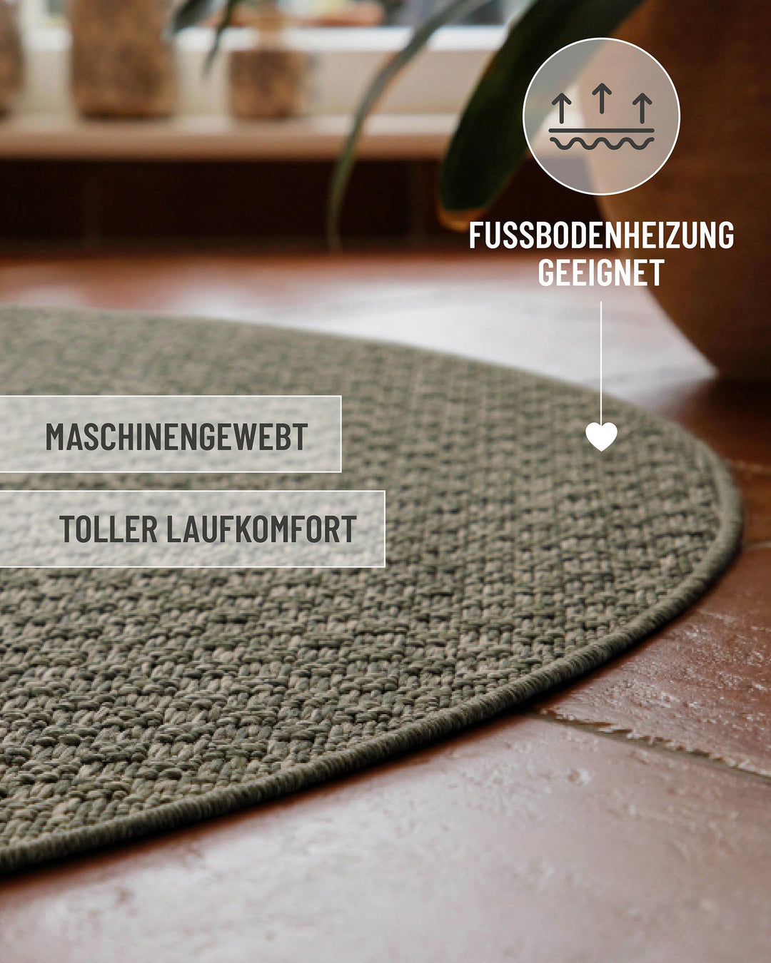 In-& Outdoor Teppich Miami South Beach grau oliv rund mit Text Fussbodenheizung geeignet