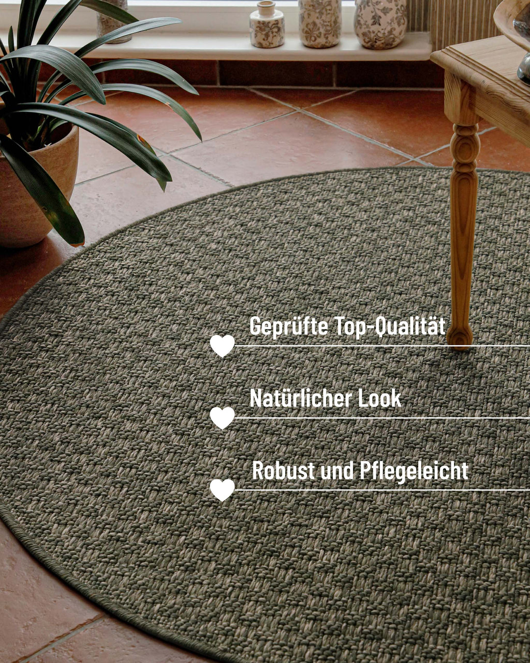 In-& Outdoor Teppich Miami South Beach grau oliv rund im Raum Kantenansicht mit Details robust & pflegeleicht
