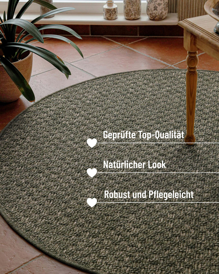 In-& Outdoor Teppich Miami South Beach grau oliv rund im Raum Kantenansicht mit Details robust & pflegeleicht