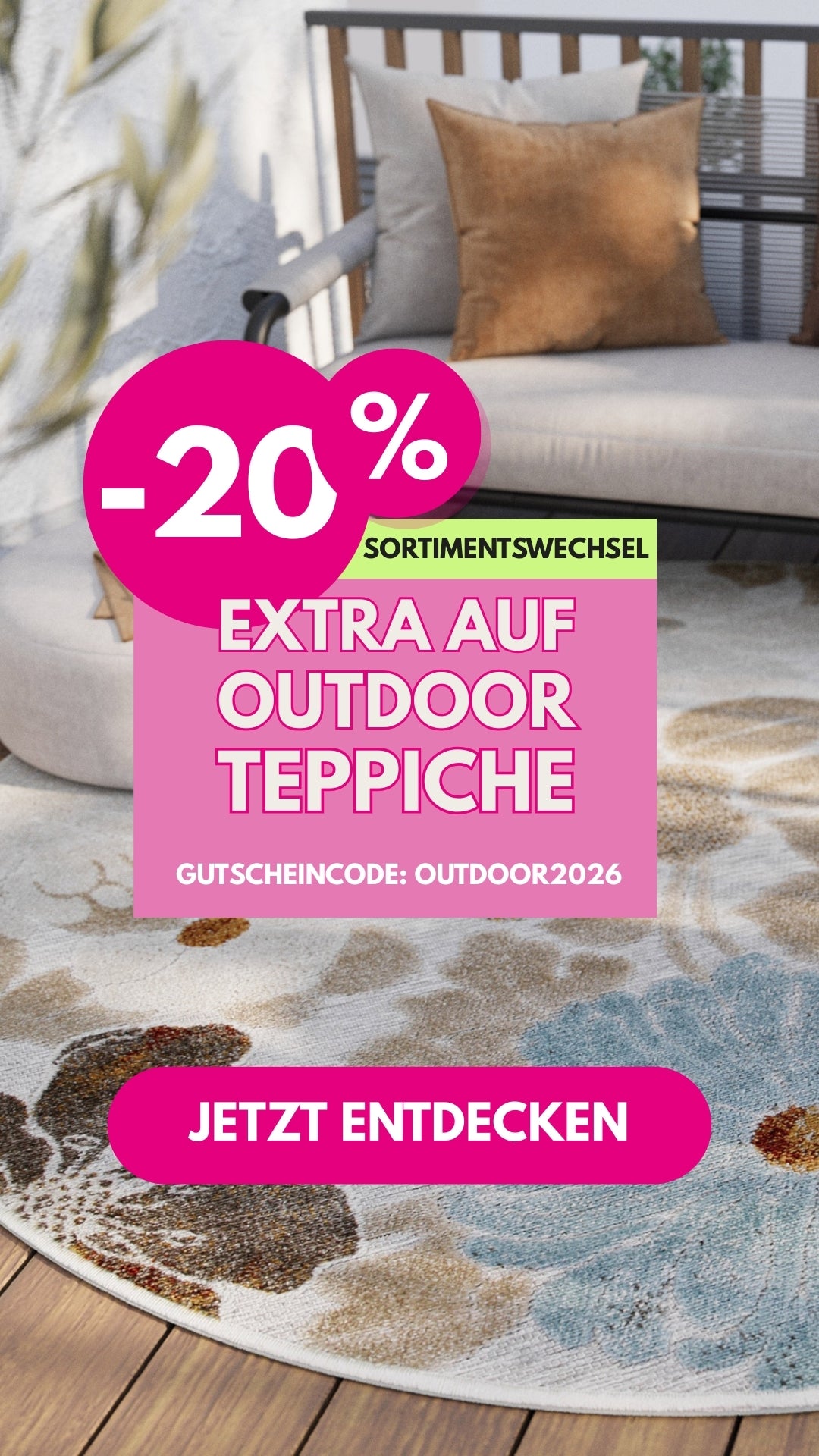 Aktions Banner mobil -20% auf alle Outdoor Teppiche