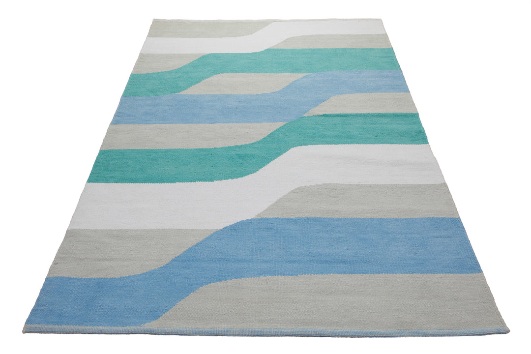 160x230 Teppich Wohnzimmer Aquawellen in Türkis und Hellblau – Skandi-Streifenteppich mit fließenden Bändern