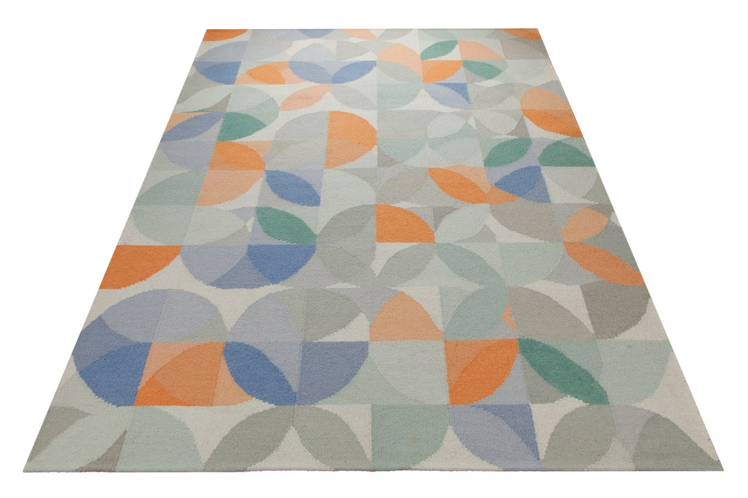 Handwebteppich Wolle Kreisraster pastell 160x230 cm – im Wohnambiente arrangiert