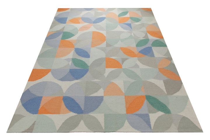 Handwebteppich Wolle Kreisraster pastell 160x230 cm – im Wohnambiente arrangiert