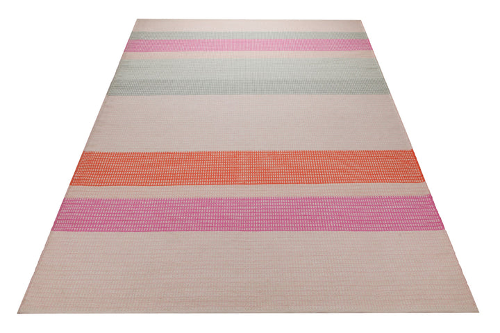 Handwebteppich Wolle Streifen rosé grau orange 160x230 cm – dekorativ im Raum inszeniert