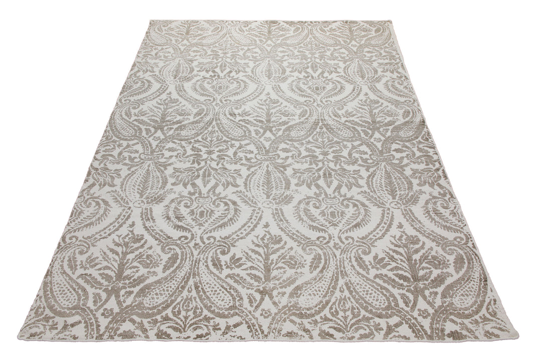 160x230 Teppich Wohnzimmer Verblasster Damast in Greige – Vintage-Print mit Patina