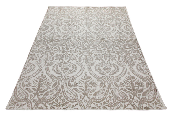 160x230 Teppich Wohnzimmer Verblasster Damast in Greige – Vintage-Print mit Patina