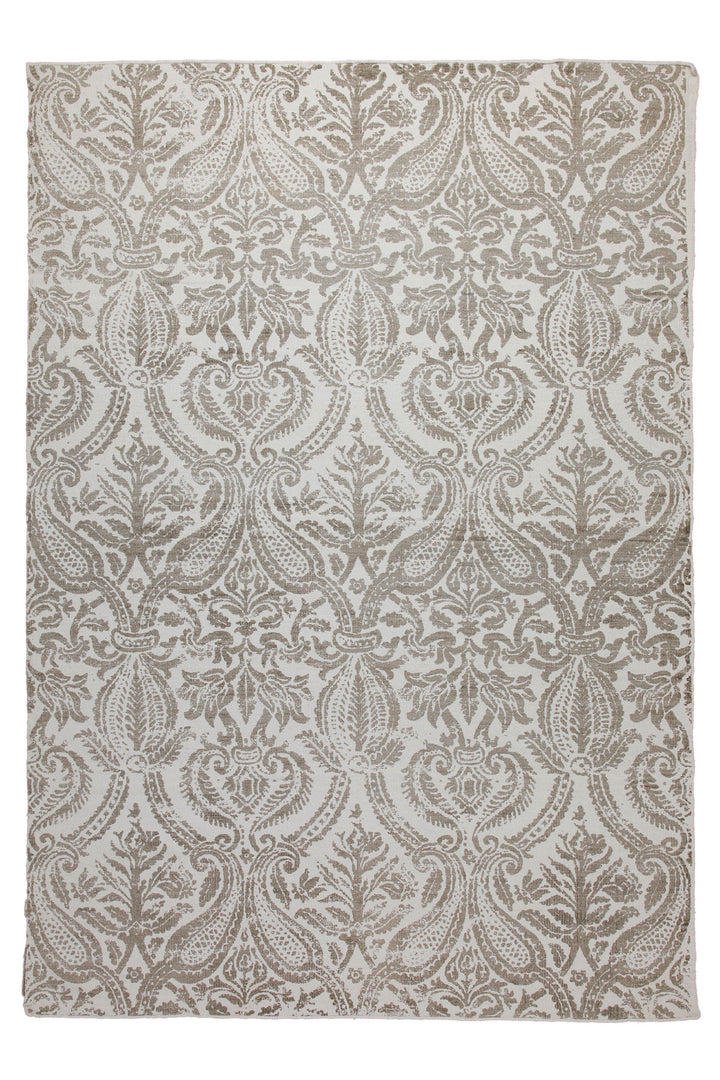 160x230 Teppich Wohnzimmer Verblasster Damast in Greige – Vintage-Print mit Patina