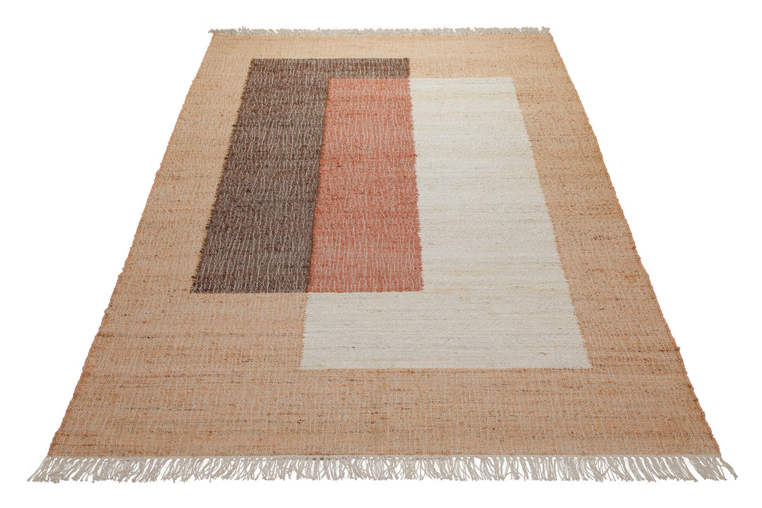 160x230 Teppich Wohnzimmer Naturjute mit Farbblock – Grafisches Statement in Erdtönen
